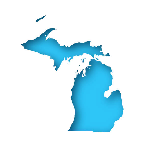 Michigan map - White paper cut out on blue background vector art illustration