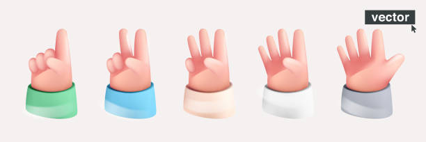 ilustrações, clipart, desenhos animados e ícones de conjunto de contagem de um, dois, três, quatro e cinco sinais de mão. design de renderização 3d realista no estilo dos desenhos animados. - hand sign human hand sign language three fingers