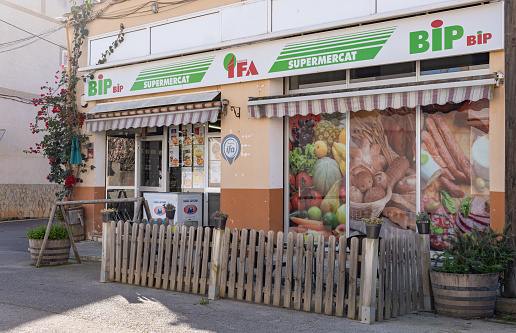 Felanitx, Spain; january 04 2023: Main facade of a BipBip supermarket, part of the Ifa group of companies, in the Mallorcan town of Felanitx, Spain