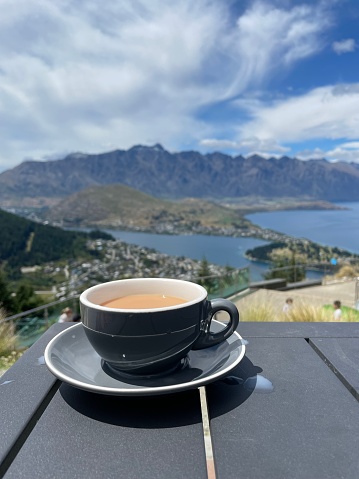 Tea with a view of the hills and lake