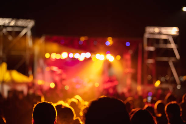 Silhouettes of concert crowd with stage lights