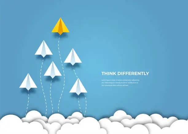 Vector illustration of Flying paper airplanes. Think differently, leadership, trends, creative solution and unique way concept. Be different