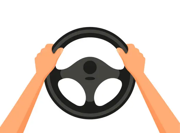 Vector illustration of Steering wheel icon. Hands on steering wheel. Driver. Driving car. Test drive. Landing page driving lessons.Vector icon isolated on background.