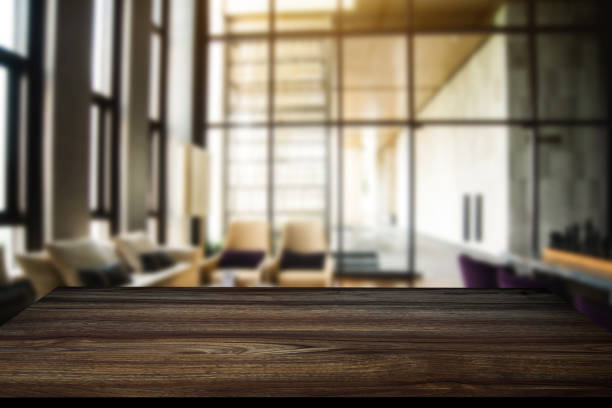 istock Desk wood space platform at office For product display montage. 1454984633