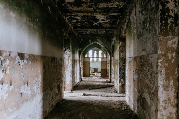 istock Burnt oriental style mansion interior after fire 1454984891