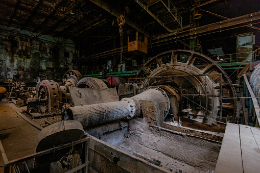 Old abandoned mining processing plant. Ore-dressing treatment with classifiers.