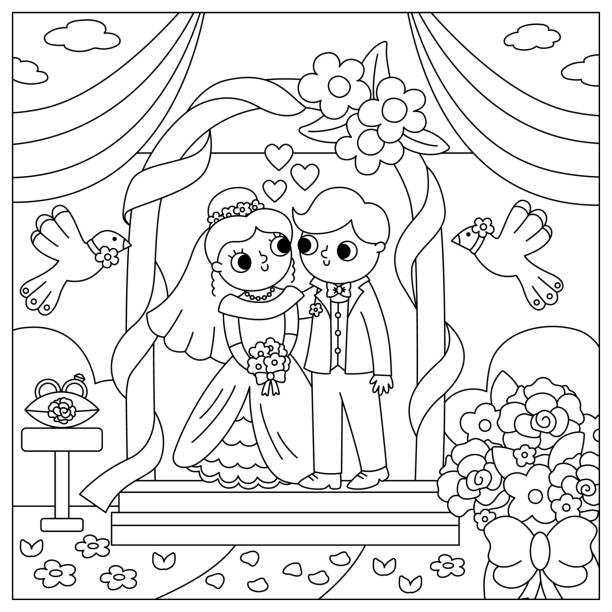 illustrazioni stock, clip art, cartoni animati e icone di tendenza di scena di nozze vettoriale in bianco e nero con una coppia carina appena sposata. disegno di paesaggio della cerimonia della linea di matrimonio da colorare con gli sposi. marito e moglie in piedi nell'arco con le colombe - bride backgrounds white bouquet