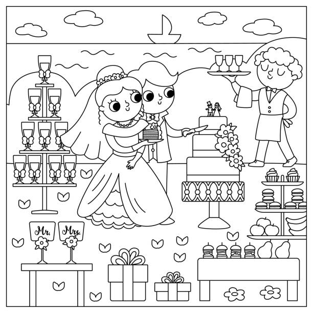 ilustrações de stock, clip art, desenhos animados e ícones de vector black and white wedding scene with cute just married couple. marriage line ceremony landscape coloring page with bride and groom. husband and wife cutting the cake near the candy bar - bride backgrounds white bouquet