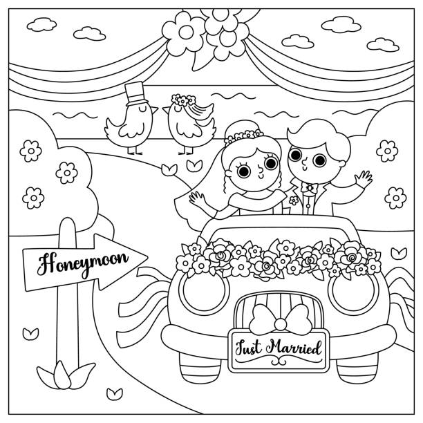 ilustrações de stock, clip art, desenhos animados e ícones de vector black and white wedding scene with cute just married couple. marriage line ceremony landscape coloring page with bride and groom. husband and wife going to honeymoon on car - bride backgrounds white bouquet
