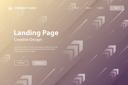Landing page template for your website. Modern and trendy background with motion effect. Abstract design with rising arrows and beautiful color gradient. This illustration can be used for your design, with space for your text (colors used: Orange, Yellow, Beige, Gray, Brown, Pink, Purple). Vector Illustration (EPS file, well layered and grouped), wide format (3:2). Easy to edit, manipulate, resize or colorize. Vector and Jpeg file of different sizes.