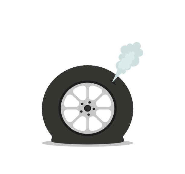 Deflated automobile tire. Punctured wheel of car. Element of Tire service station. Cartoon flat illustration. Comic air and smoke. Accident and repair Deflated automobile tire. Punctured wheel of car. Element of Tire service station. Cartoon flat illustration. Comic air and smoke. Accident and repair Eps 10 flat tire stock illustrations