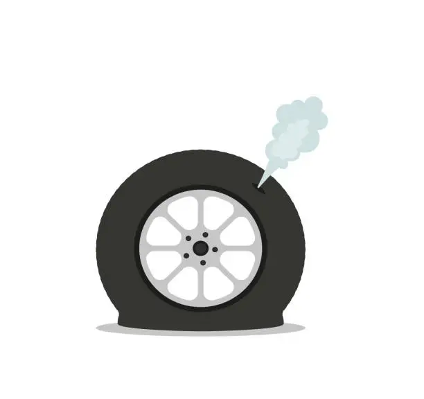 Vector illustration of Deflated automobile tire. Punctured wheel of car. Element of Tire service station. Cartoon flat illustration. Comic air and smoke. Accident and repair