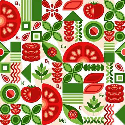 Tomato background with design elements in simple geometric style. Seamless pattern. Good for branding, decoration of food package, cover design, decorative print, background. Vector illustration