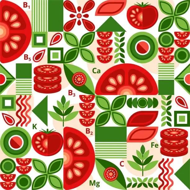 Vector illustration of Tomato background with design elements in simple geometric style. Seamless pattern. Good for branding, decoration of food package, cover design, decorative print, background. Vector illustration