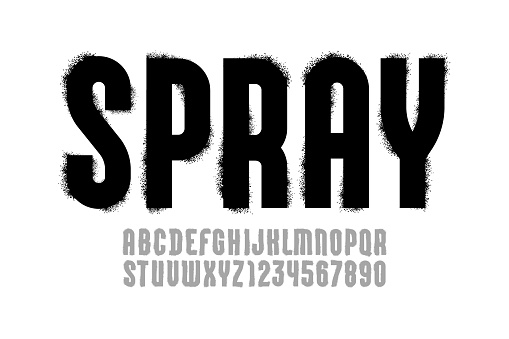 Font alphabet with spray paint texture, grunge grain textured letters and numbers, vector illustration 10EPS