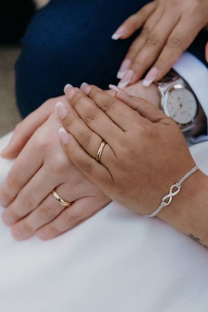 istock Closeup of a wedding couple hands 1454988113
