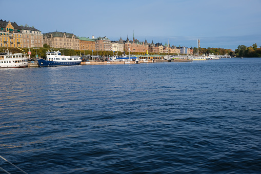 Boats near waterfront in Stockholm, Stockholm County, Sweden