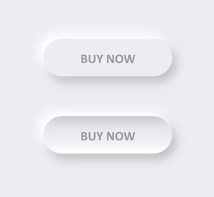 Neumorphism design buttons with BUY NOW icons. User interface elements for mobile app.