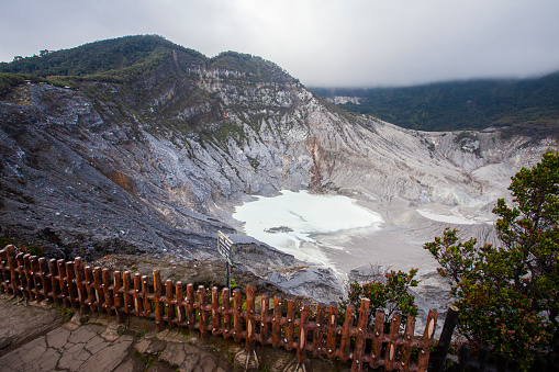 The beautiful view of the crater of Mount Tangkuban Parahu, an active volcano. One of the tourist destinations in Bandung, West Java, Indonesia.