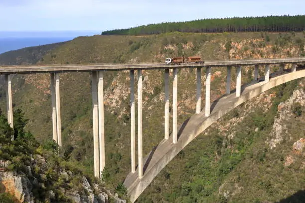a Beautiful view of the Bloukrans River Bridge on the Garden Route in South Africa. The highest bungee-jumping point in the world