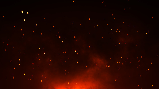 3D illustration Burning embers glowing. Fire Glowing Particles on Black Background