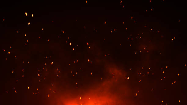 ilustracja 3d płonący żar świecący. ogień świecące cząstki na czarnym tle - rozżarzony węgielek zdjęcia i obrazy z banku zdjęć