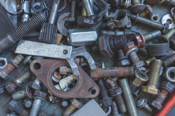 istock Top view of bolts and other mechanic tools. 1454995137