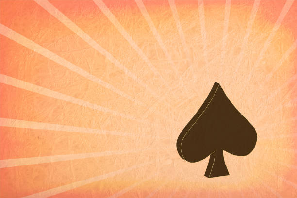 istock Light pastel peach beige colored scratched grunge textured effect wall with aura of sunburst in background and one big dark brown colour solid three dimensional spades symbol of playing cards shape in the rays with copy space for text 1454995780