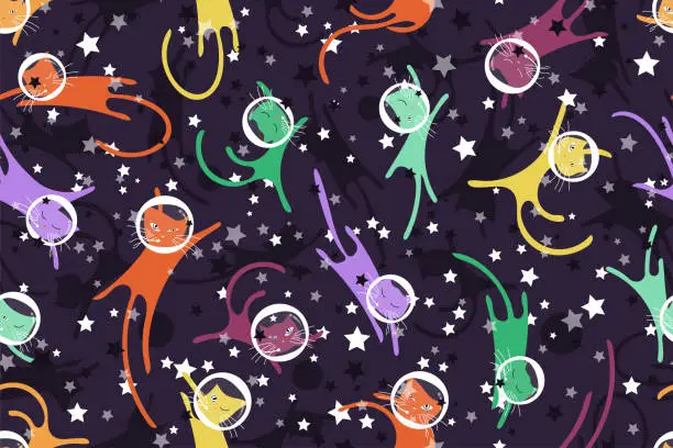 Vector illustration of Seamless pattern with cute cats astronauts on starry space background