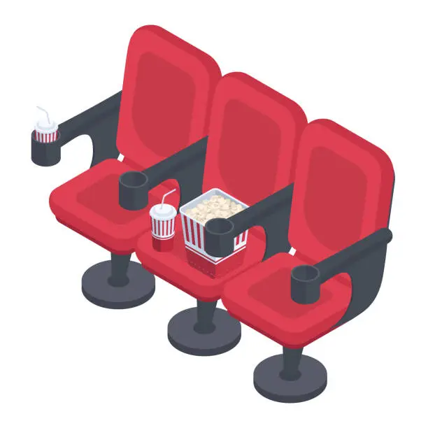 Vector illustration of Isometric movie theatre red chairs. Empty cinema seats with popcorn and soda pop, cinema chairs for watching film on big screen 3d vector illustration on white background