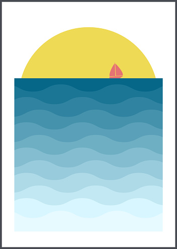 Waves and ship nursery illustration poster. Cute sailing ship. Kid sailboat. Baby print, art print for bedroom decor.