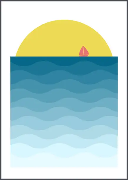 Vector illustration of Waves and ship nursery illustration poster. Cute sailing ship. Kid sailboat.