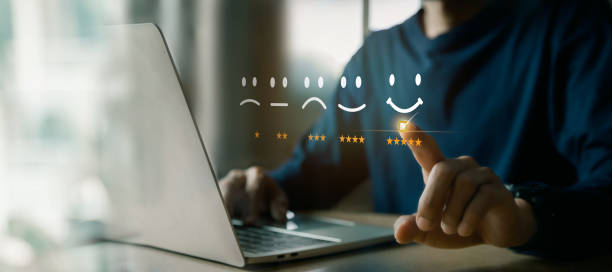 istock Customer services best excellent business rating experience. Satisfaction survey concept. user give rating to service experience on online application . 1454998837