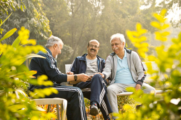 istock Old male friends having fun at park 1454999779
