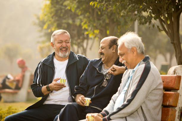 istock Old male friends having fun at park 1454999831