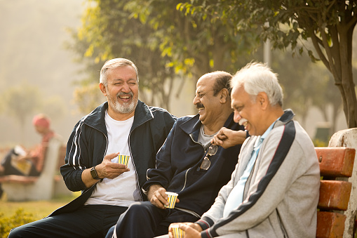 Laughing senior male friends drinking tea while relaxing on park bench