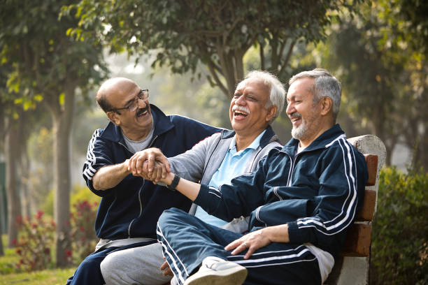 istock Old male friends laughing at park 1454999845