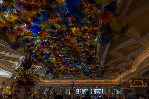 . Las. Vegas. USA. 09.17.2022. Beautiful view of interior of colorful decoration of ceiling in hotel.