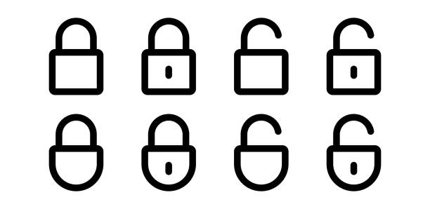 zestaw ikon wektora blokady. zestaw ikon czarnej linii zablokowanej i odblokowanej liniowo. projekt przycisku internetowego zablokuj. symbol bezpieczeństwa i strażnika - keyhole key lock padlock stock illustrations