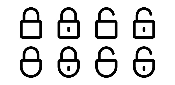 Lock vector icon set. Linear locked and unlocked black line icon set. Lock web button design. Security and guard symbol