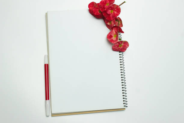 istock White blank notebook and a red Crown of Thorns flower (Euphorbia milii) background 1455007381