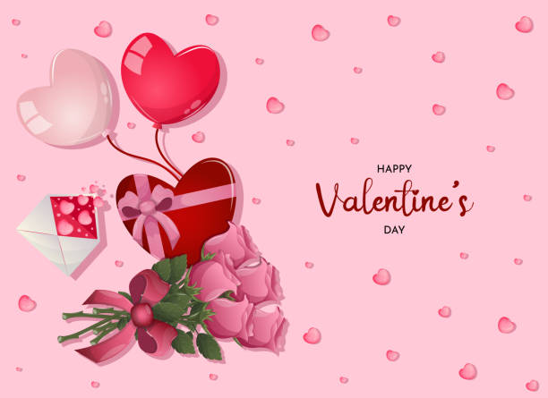 Happy Valentine's day, with hearts, love mail, gift box and bouquet of roses. Romantic quote postcard, card, invitation, banner template. Vector illustration. Happy Valentine's day, with hearts, love mail, gift box and bouquet of roses. Romantic quote postcard, card, invitation, banner template. Vector illustration. valentines day stock illustrations
