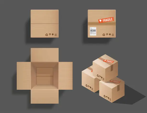 Vector illustration of Empty open and closed cardboard box, top view and isometric box stack