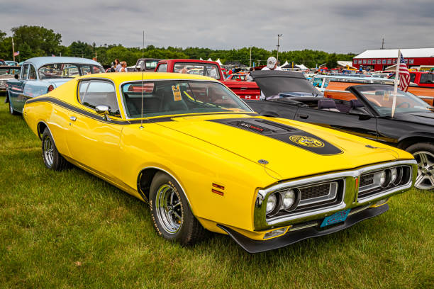 1971 Dodge Charger Super Bee Hardtop Coupe Iola, WI - July 07, 2022: High perspective front corner view of a 1971 Dodge Charger Super Bee Hardtop Coupe at a local car show. 1971 stock pictures, royalty-free photos & images