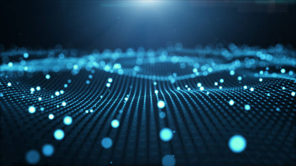 istock Futuristic flight through a digital line landscape, Blue dust particle ,abstract background. 3D Rendering. 1455012684