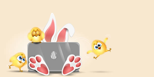 ilustrações de stock, clip art, desenhos animados e ícones de bunny with chicks laptop - chicken animal foot farm store