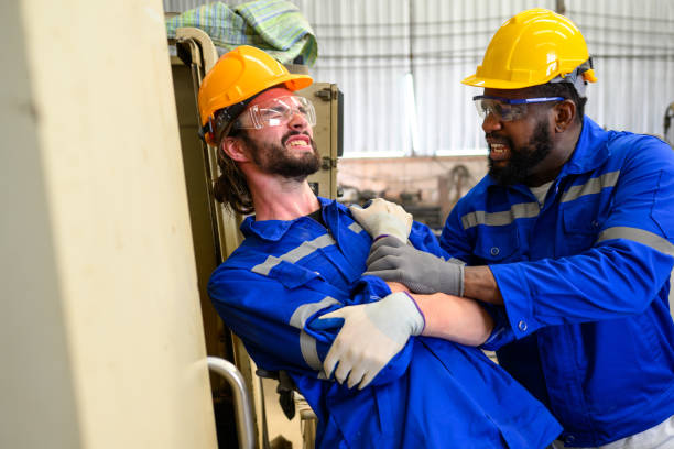 istock Worker with accident concept, Worker with arm injury from machine working, Worker with hand injury 1455015346