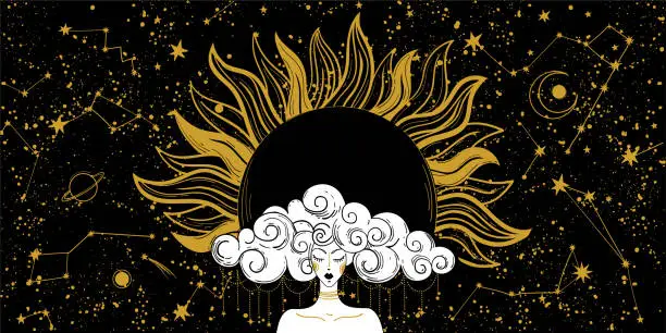 Vector illustration of Mystical banner for astrology, zodiac and horoscope, woman on black space background with golden sun and constellations. Esoteric spiritual vector illustration, divination.