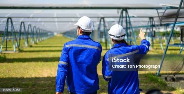 Workers With Installation Solar Panel Maintenance Engineers Workers Working With Solar Energy Solar Energy Engineers Team With Solar Panel Farm Stock Photo - Download Image Now