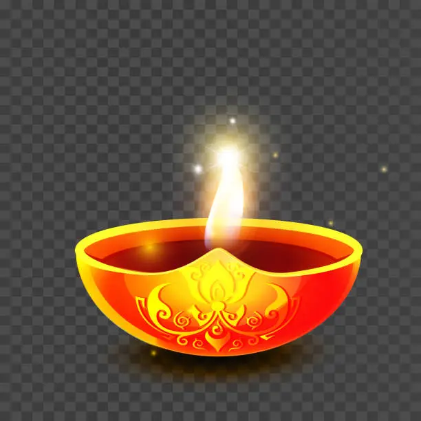 Vector illustration of Deepavali or Diwali light festival concept in realistic style. Oil lamp with indian hindu religion ornament with burning candle wick and rangoli decoration on isolated background.